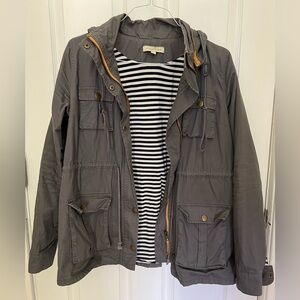 Gray Hooded Jacket with Striped Inner Shirt